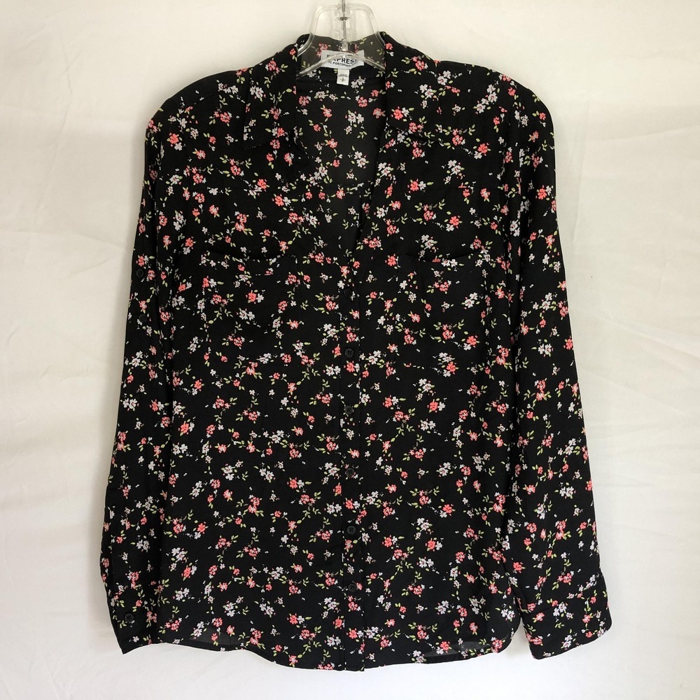 Express Shirt Womens Small Petite Black Floral Portofino Button Long Sleeve Top